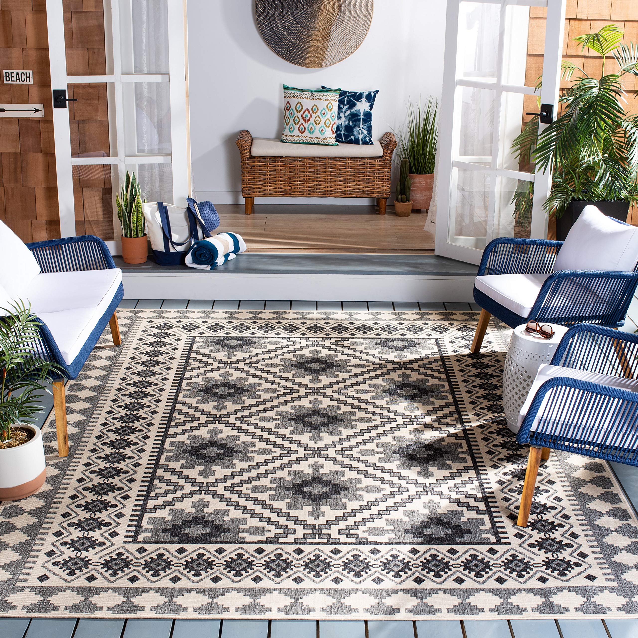 Safavieh Veranda Collection 6'7' X 6'7' Square Ivory / Slate Ver099 Boho Indoor/ Outdoor Non-Shedding Easy Cleaning Patio Back